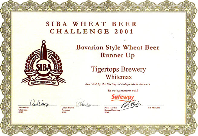 Whitemax by Tigertops Brewery SIBA Wheat Beer Challenge award