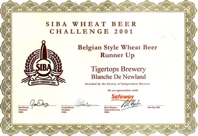 Blanche de Newland by Tigertops Brewery SIBA Wheat Beer Challenge award